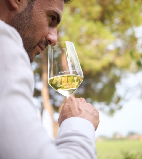 Uomo che porto al naso il calice di vino bianco per sentire i sentori